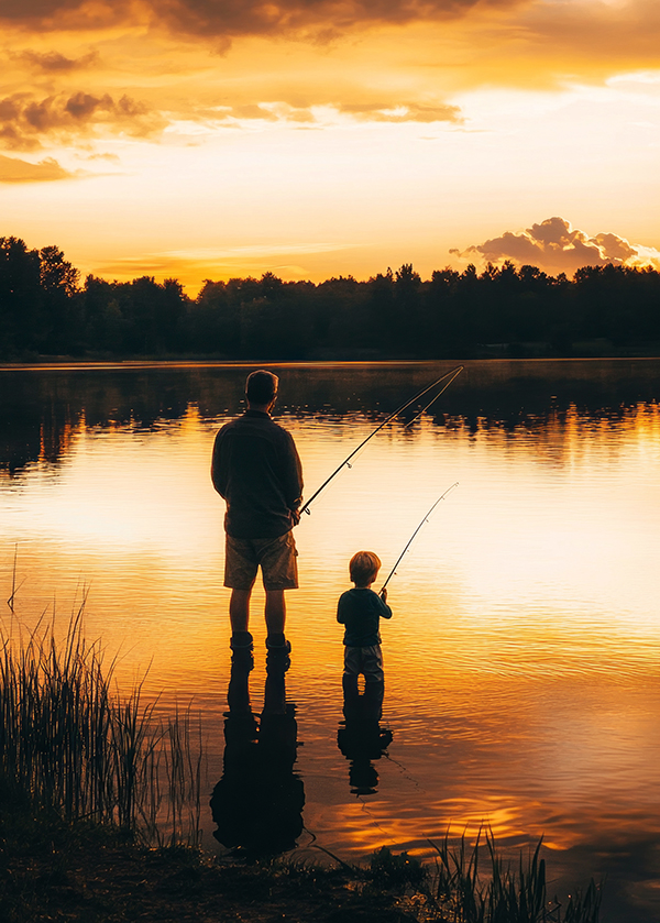 A heartfelt moment of a father and child fishing by the lake at sunrise, with the tranquil waters mirroring the soft, warm sky, capturing the peaceful and nostalgic essence of family bonding in nature